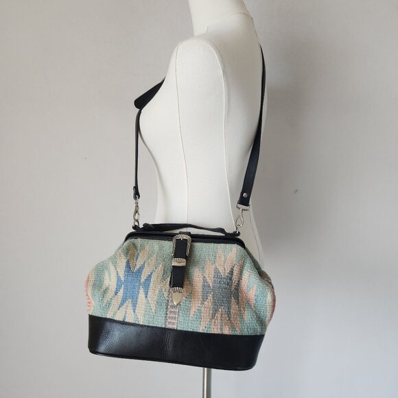 Vintage Mexican Handcraft Leather Woven-Wool Carpet Southwest Satchel Handbag - Picture 4 of 16